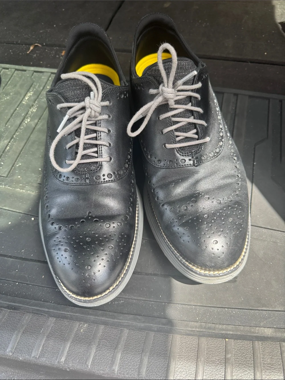 Cole Haan Black Leather Wingtip Oxfords with Gray Laces
